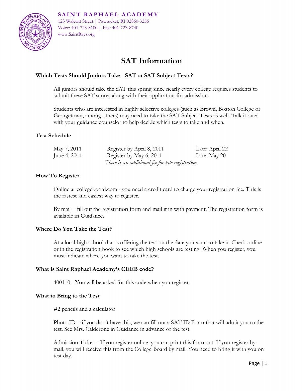 SRA New SAT Information Sheet Junior Saint Raphael Academy