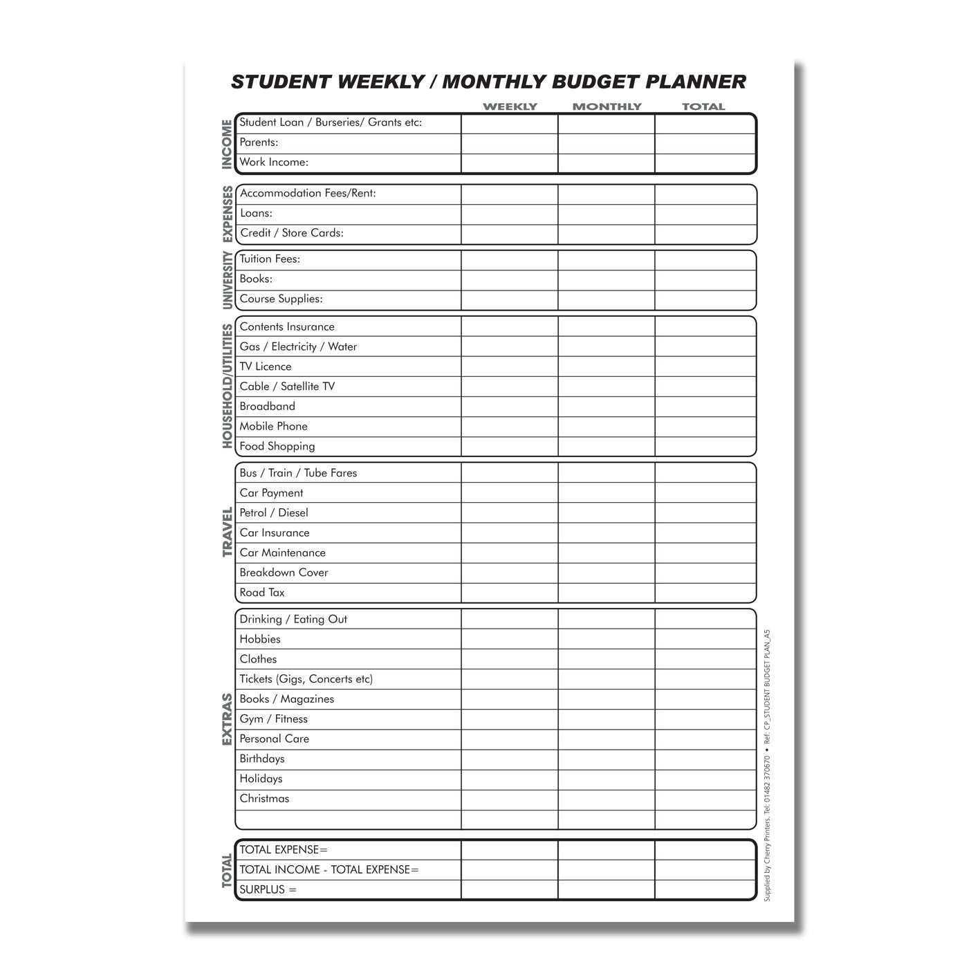 Student Weekly Monthly Budget Planner A5 100pages 80gsm Cherry Worksheets Library
