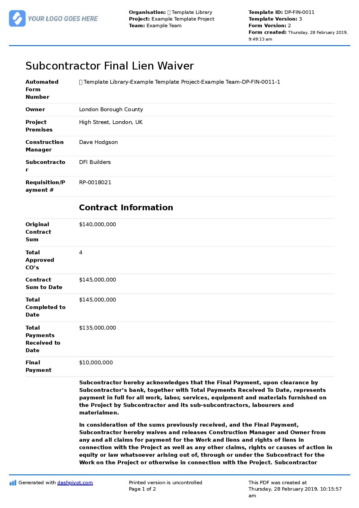 Subcontractor Lien Waiver Form Sample PDF Form And Template