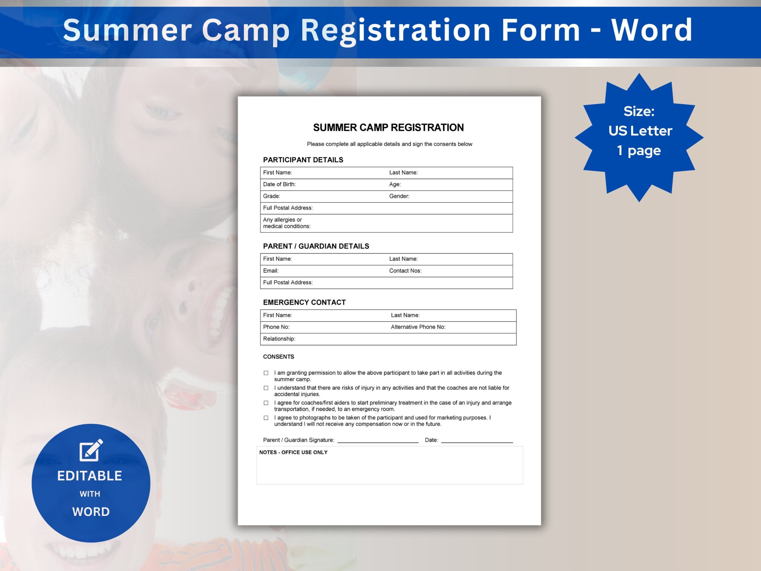 Summer Camp Registration Form For Holiday Camp Youth Sign Up With Waiver Clauses Ideal For Summer Camps Editable In Word And Google Docs PDF Etsy