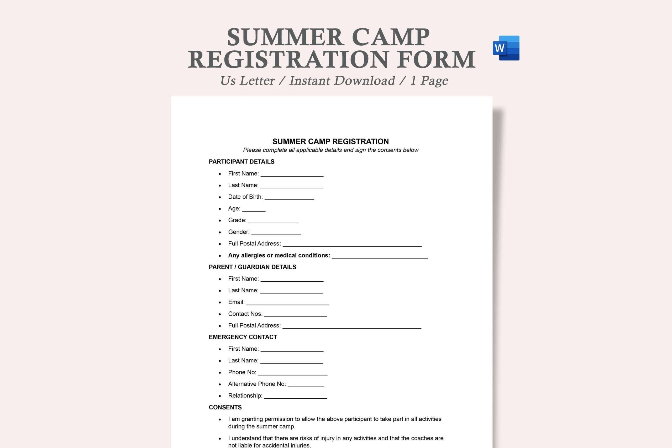 Summer Camp Registration Form summer Camp Registration Form Template summer Camp Registration Form Template Word summer Camp Form Template Etsy