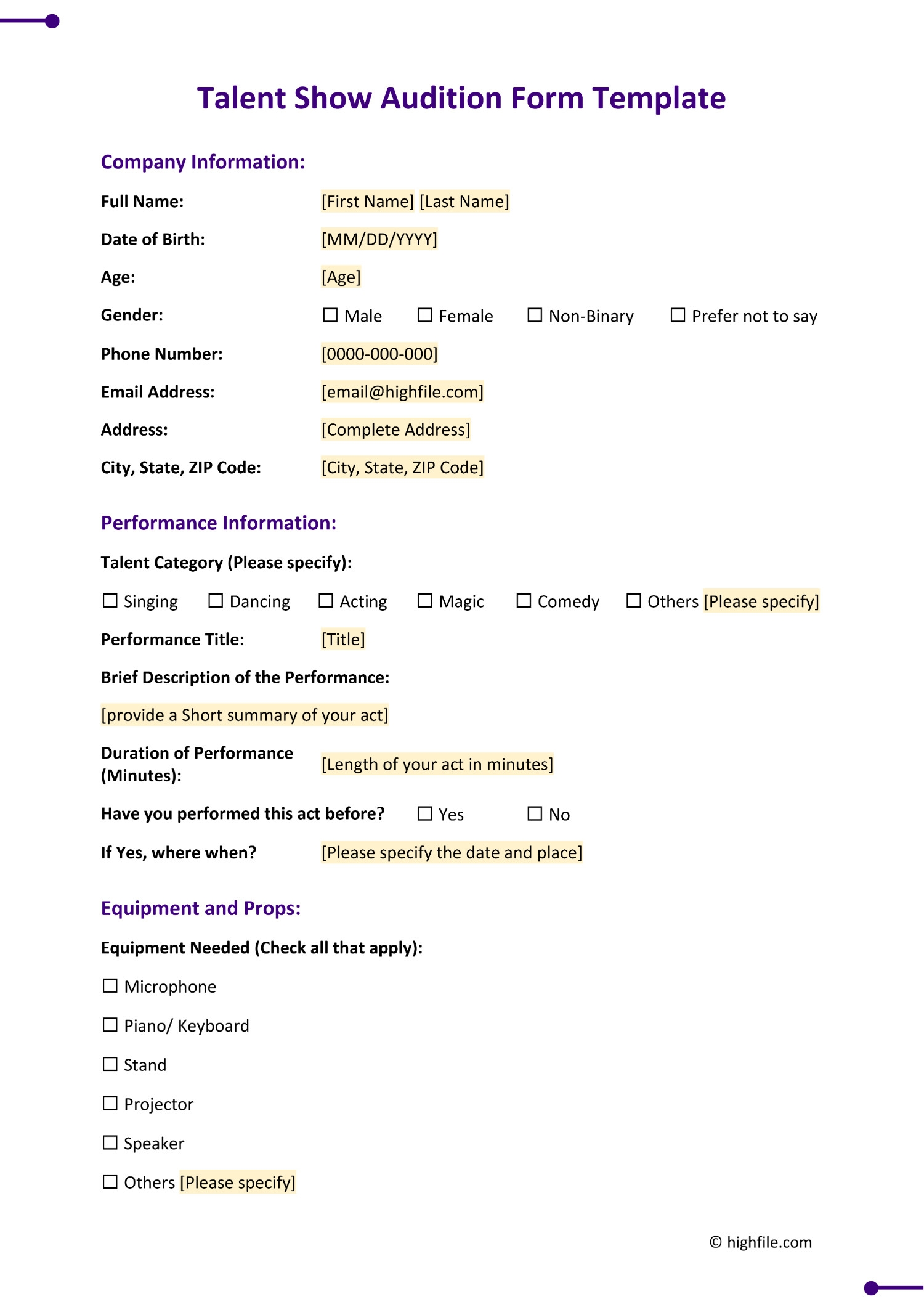 Talent Show Audition Form Template Word PDF Google Docs Highfile