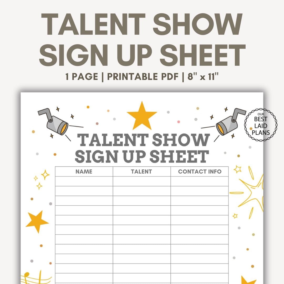 Talent Show Sign Up Sheet Printable Talent Show Sign Up Sheet PDF Talent Show Sign Up Sheet Template Etsy