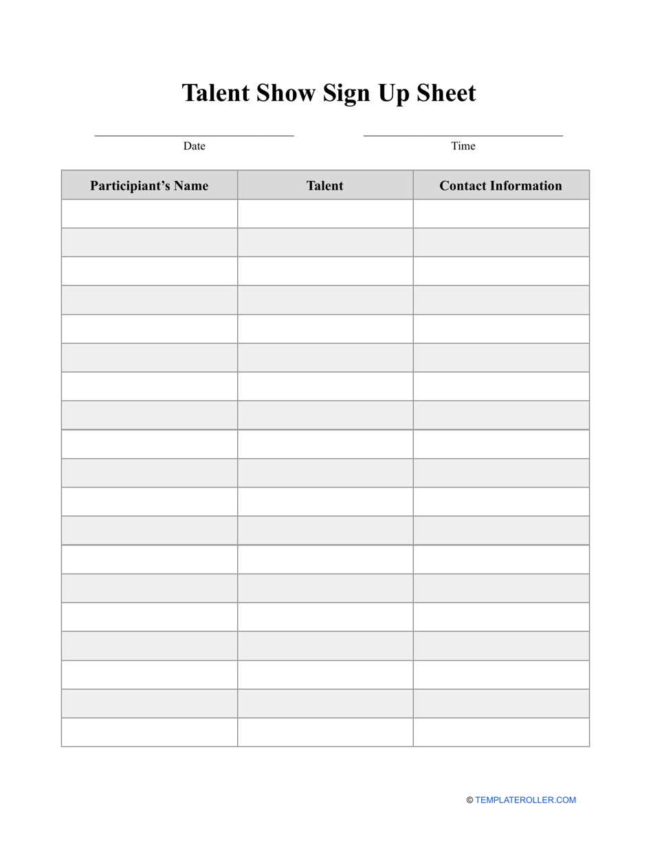 Talent Show Sign Up Sheet Template Grey Download Printable PDF Templateroller
