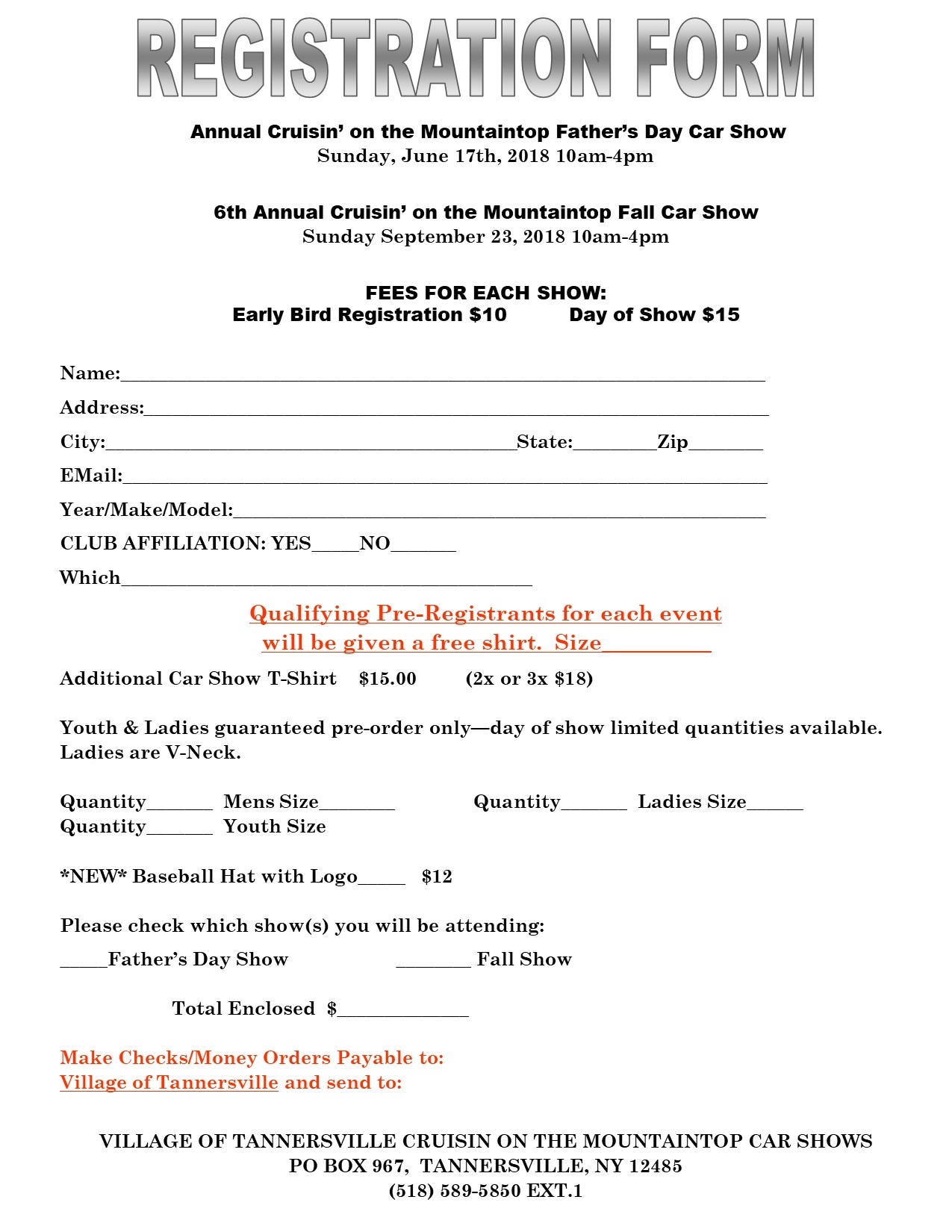 Tannersville Car Show Registration Form Tannersville NY