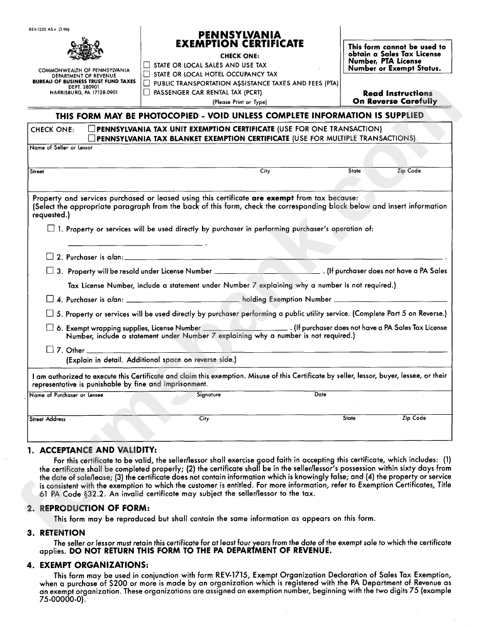Tax Exempt Form Pennsylvania Printable