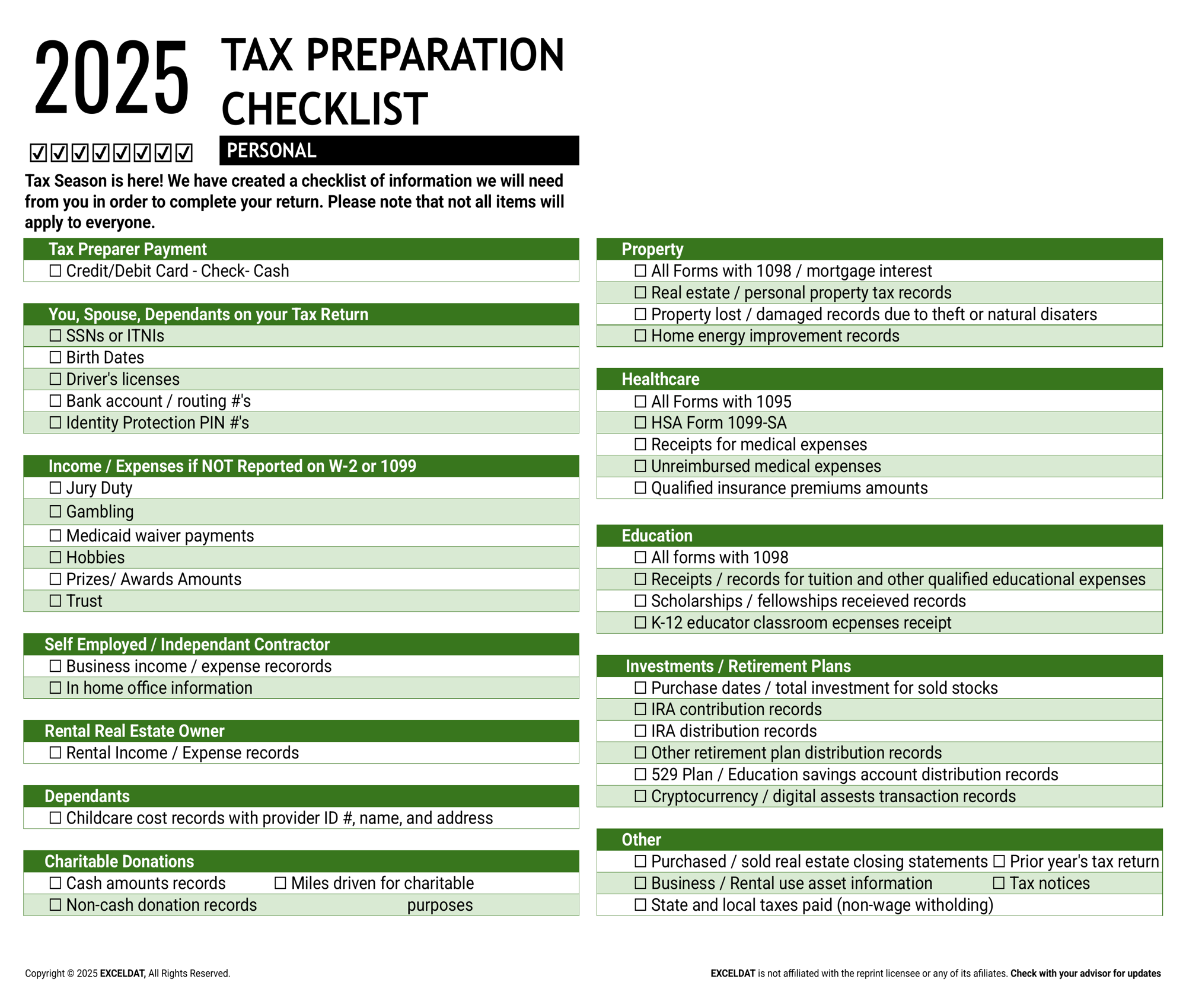 Tax Preparation Checklist Personal PDF Only EXCELDAT