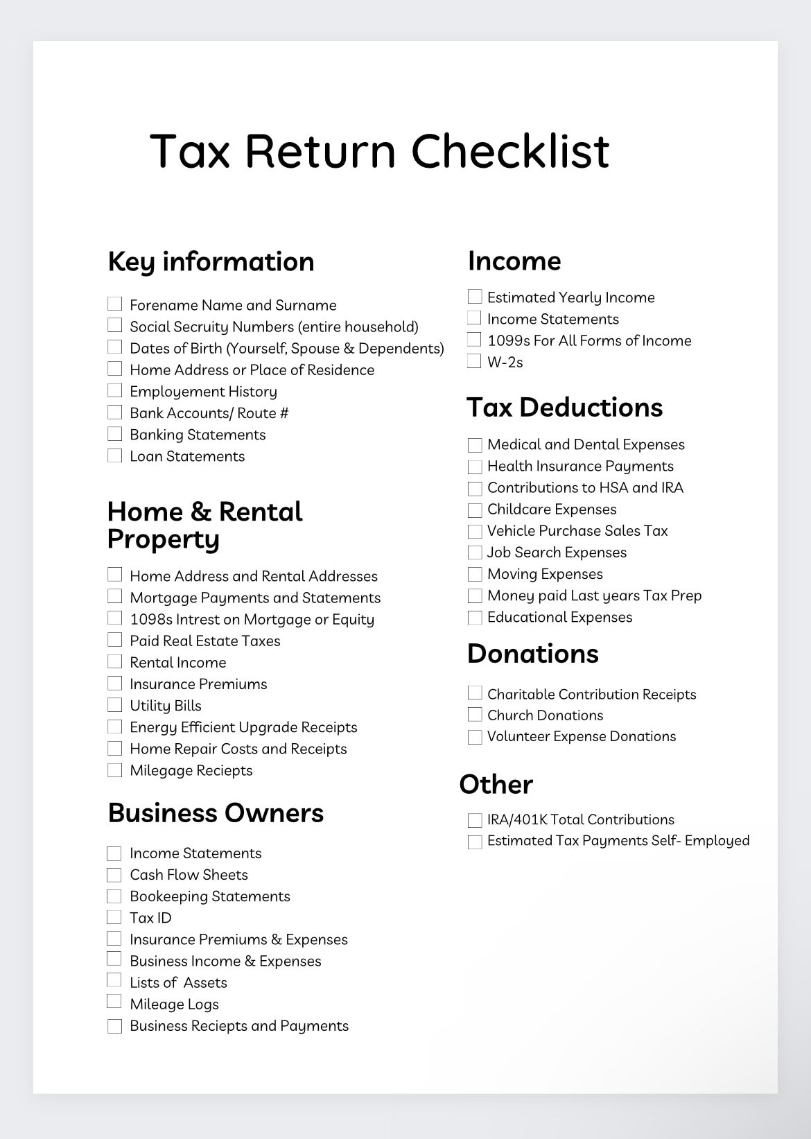 Tax Return Checklist tax Prep tax Deductions tax Prep Checklist tax Log tax Return Template tax Return tax Template tax List tax Return Etsy Israel