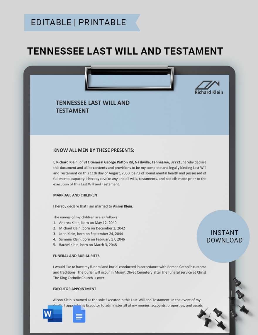 Tennessee Last Will And Testament Template In Google Docs Word 