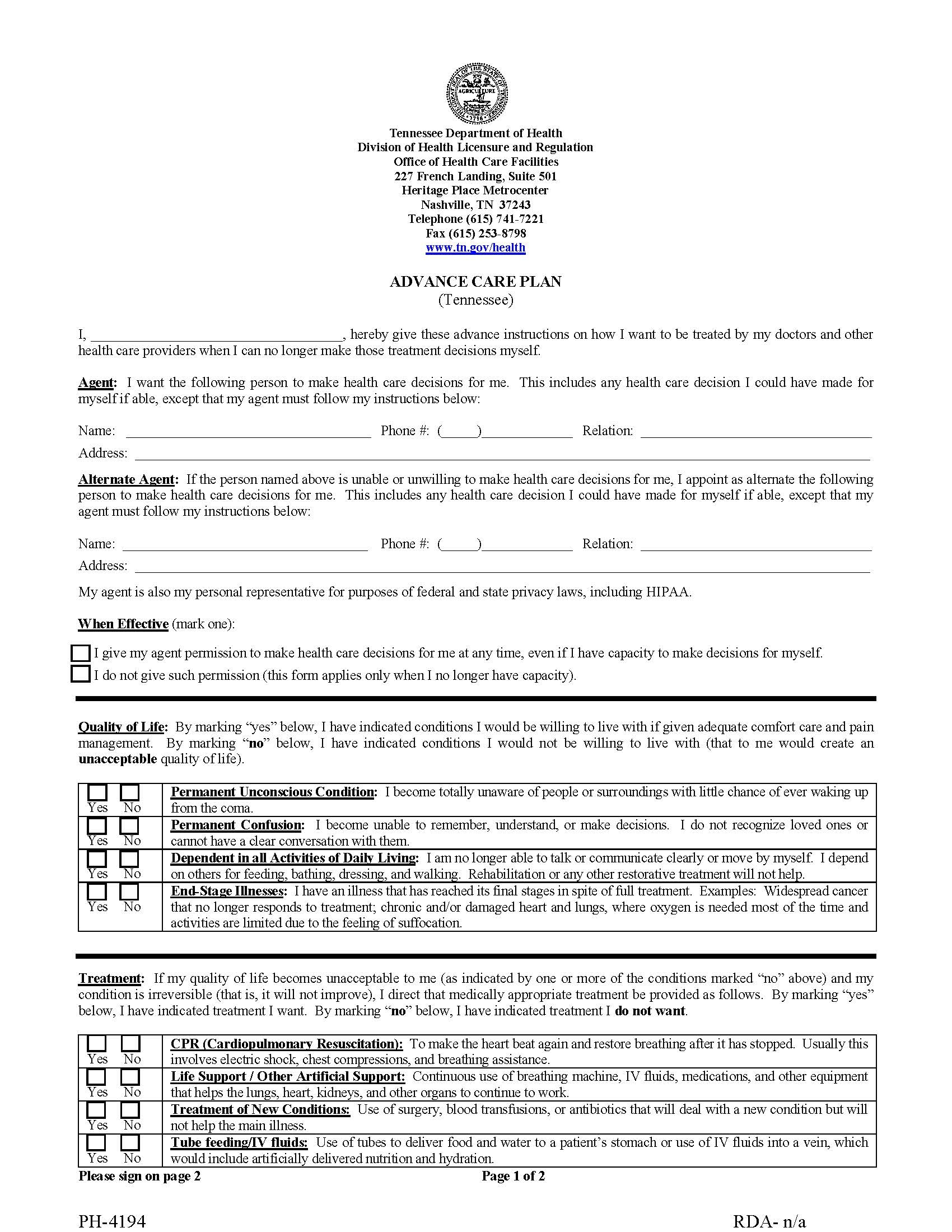 Tennessee Will Forms Last Will And Testament Living Will 