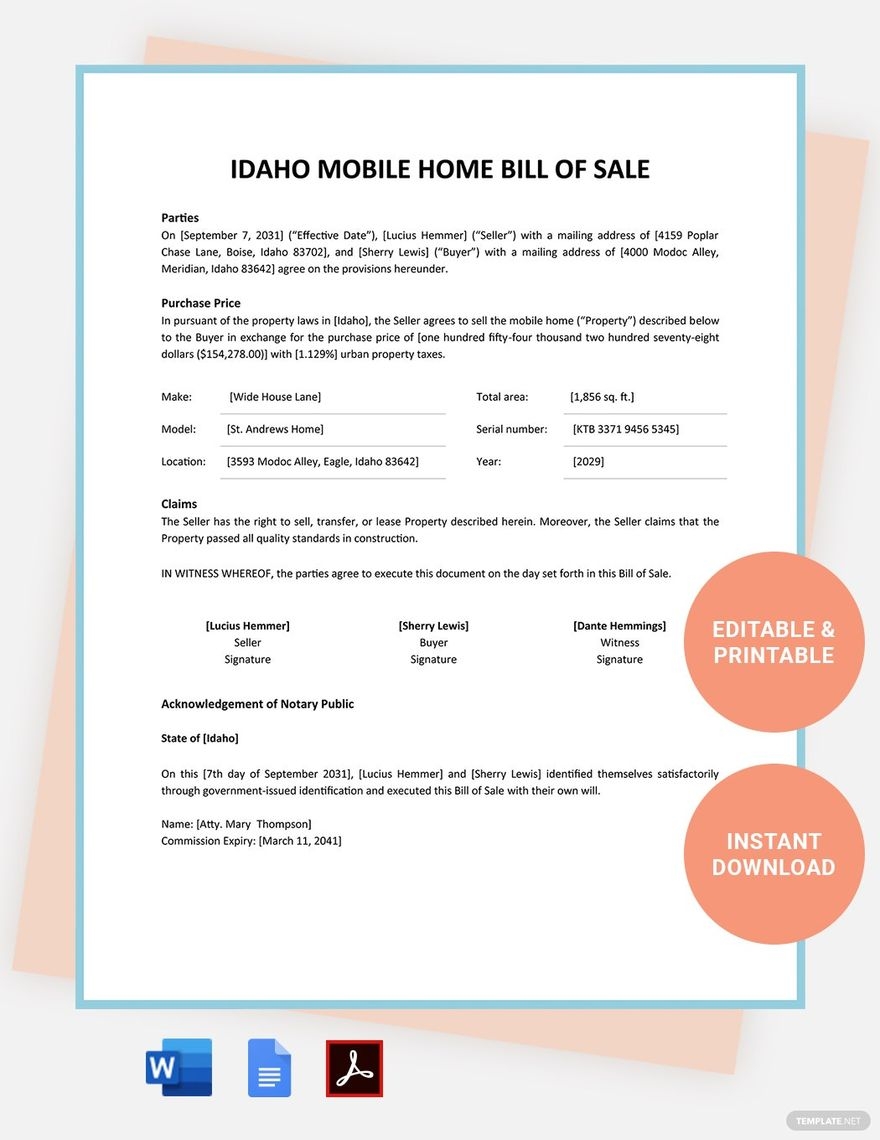 Texas Mobile Home Bill Of Sale Template In PDF Word Google Docs Download Template