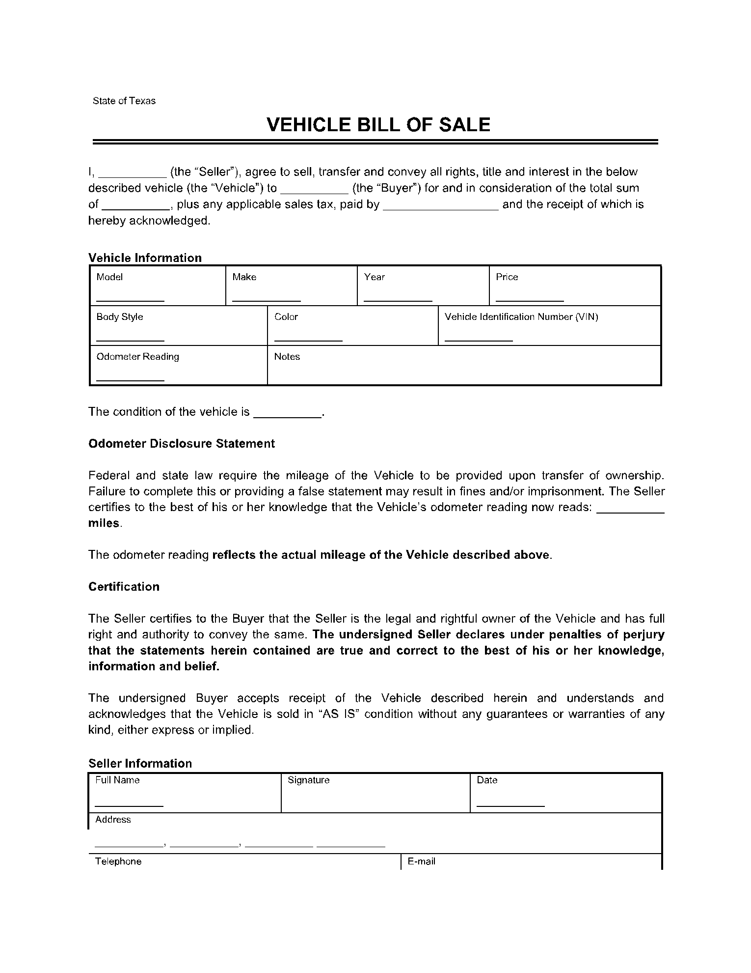 Texas Vehicle Bill Of Sale Template 100 Free CocoSign