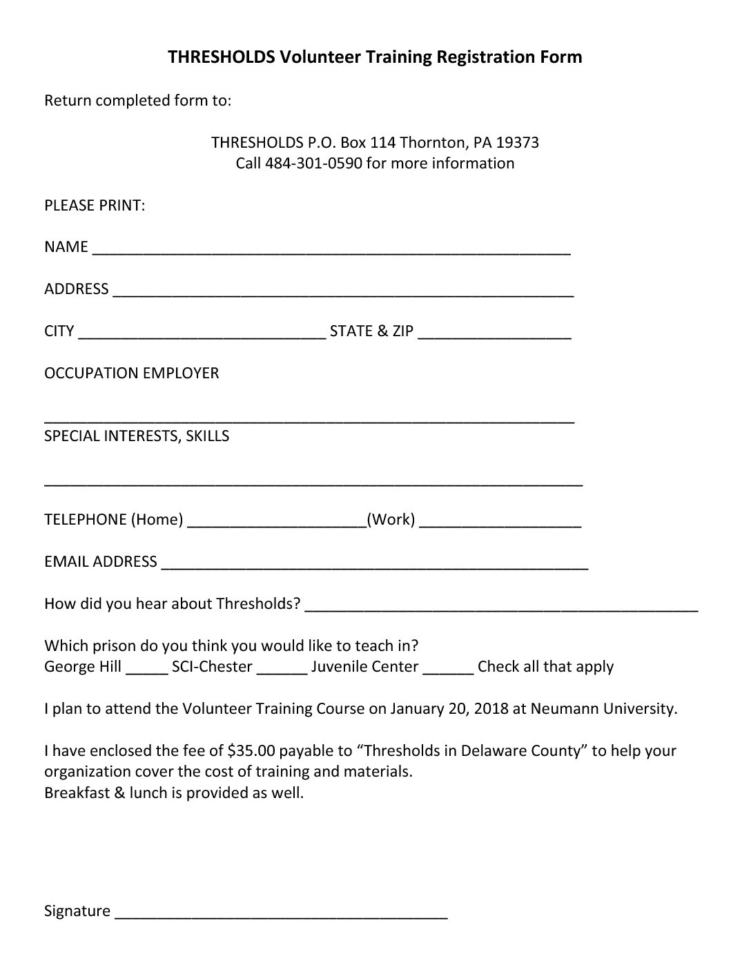 THRESHOLDS Volunteer Training Registration Form 2018 Thresholds