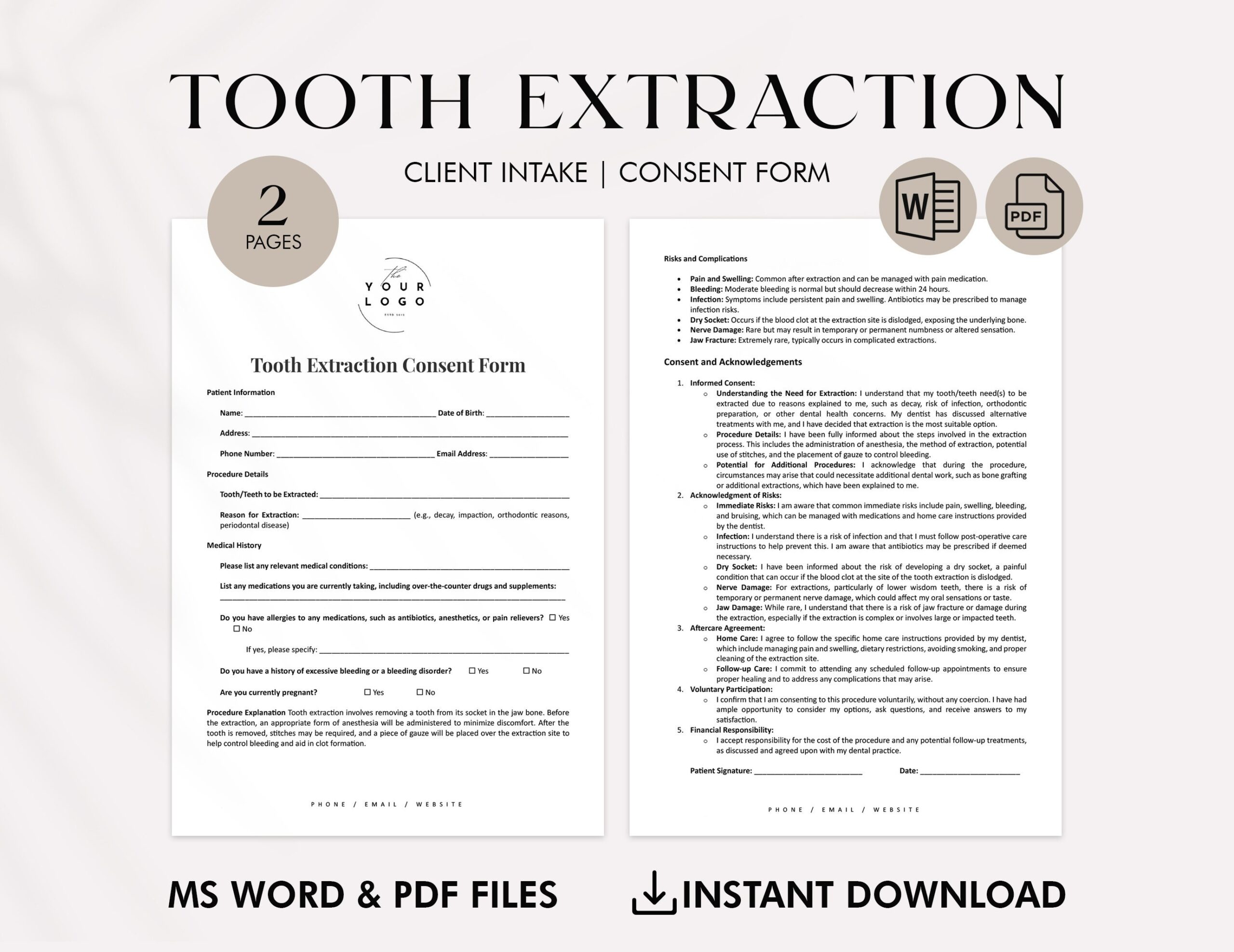 Tooth Extraction Consent Form Template Editable Dental Forms Word U0026 PDF Oral Surgery Consent Documents Dentist Client Intake Form Etsy