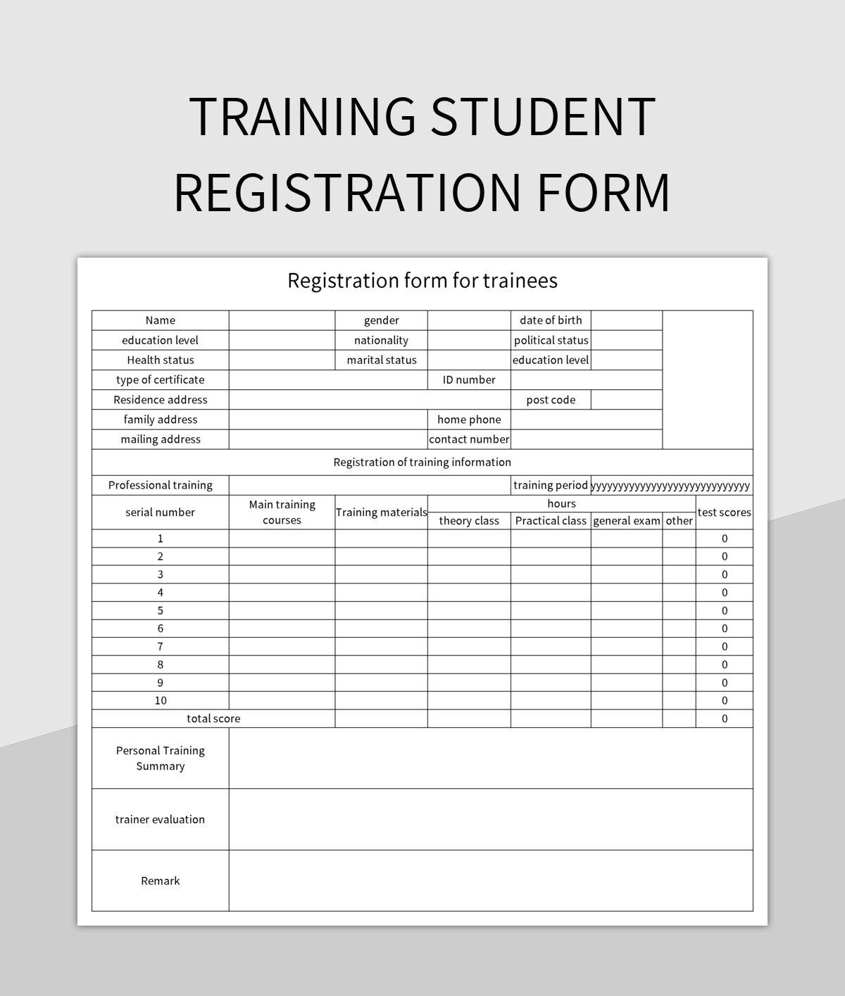 Training Student Registration Form Excel Template And Google Sheets File For Free Download Slidesdocs