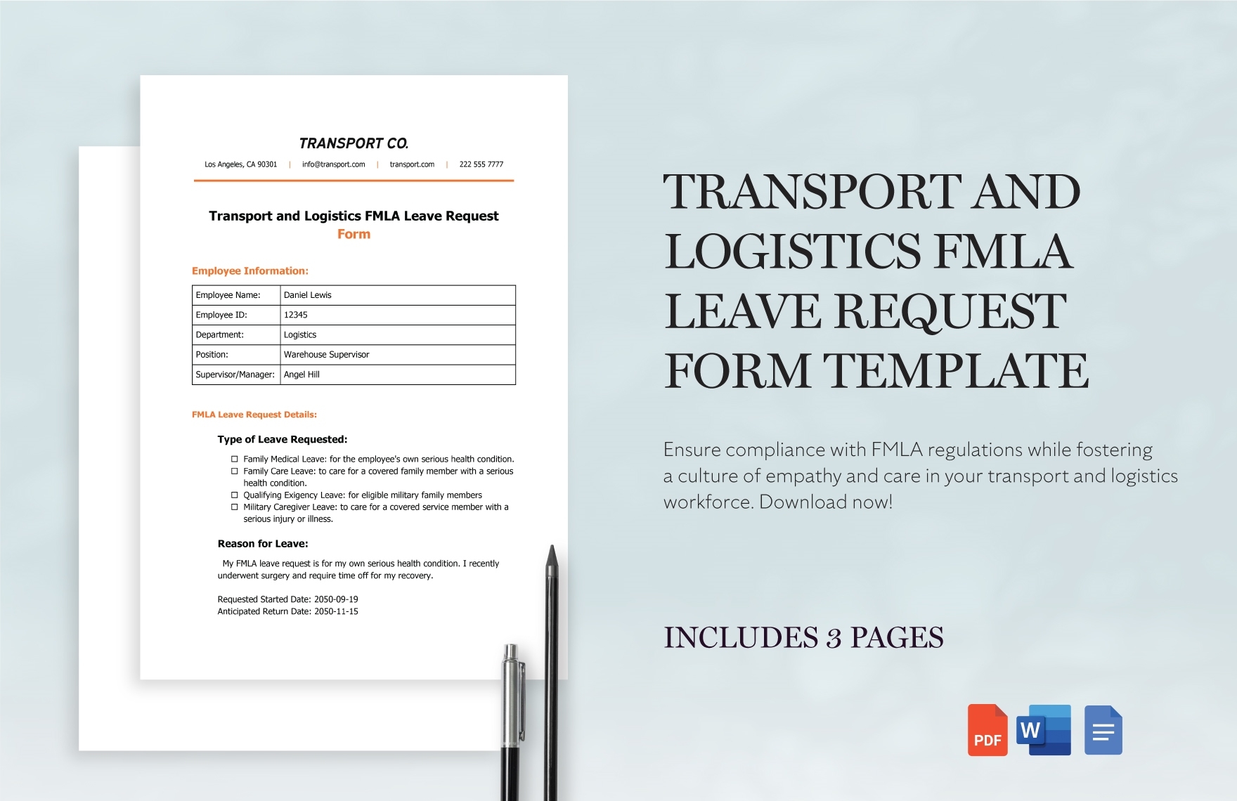 Transport And Logistics FMLA Leave Request Form Template In Google Docs Word PDF Download Template