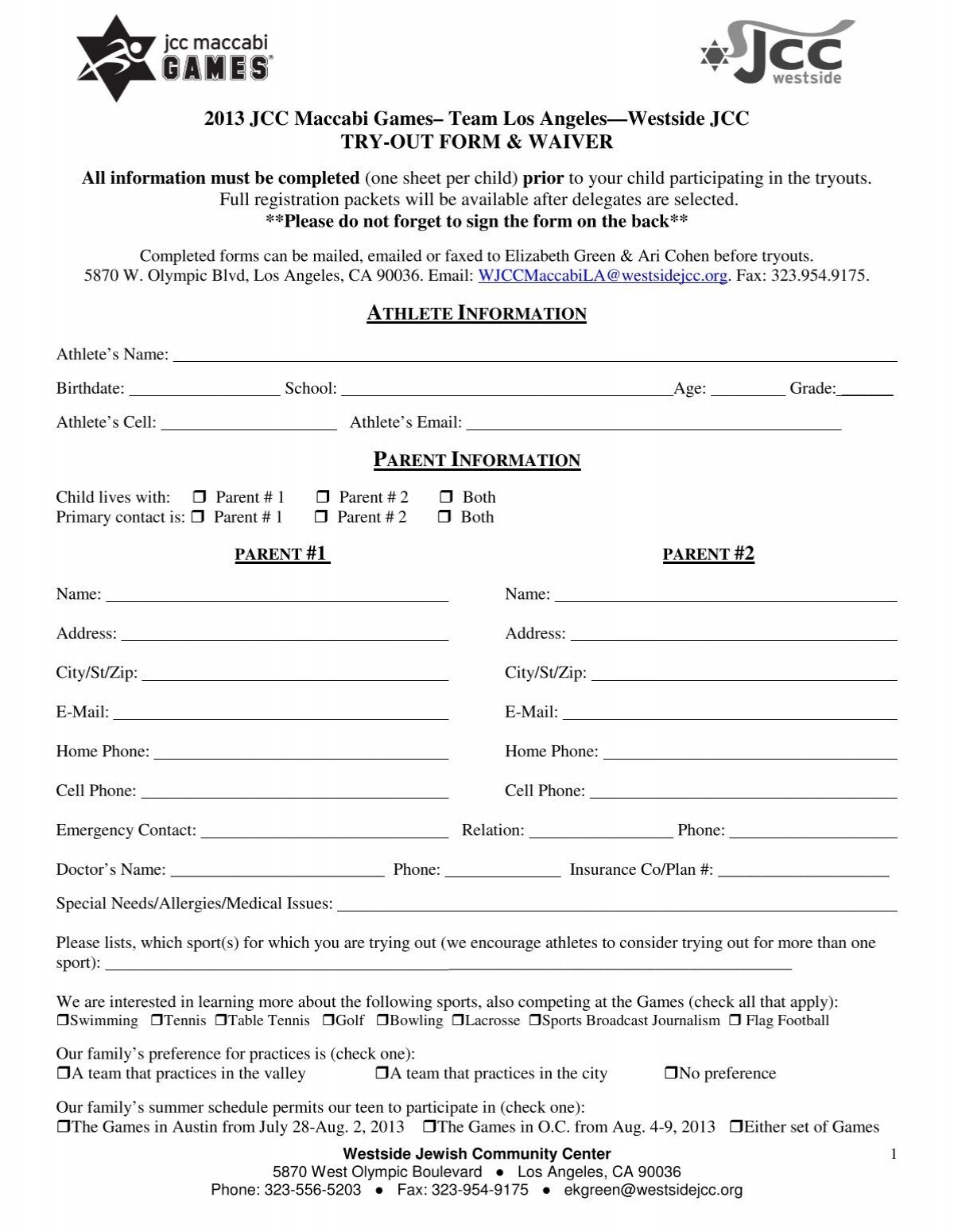 Tryout Registration Form waiver Westside Jewish Community Center