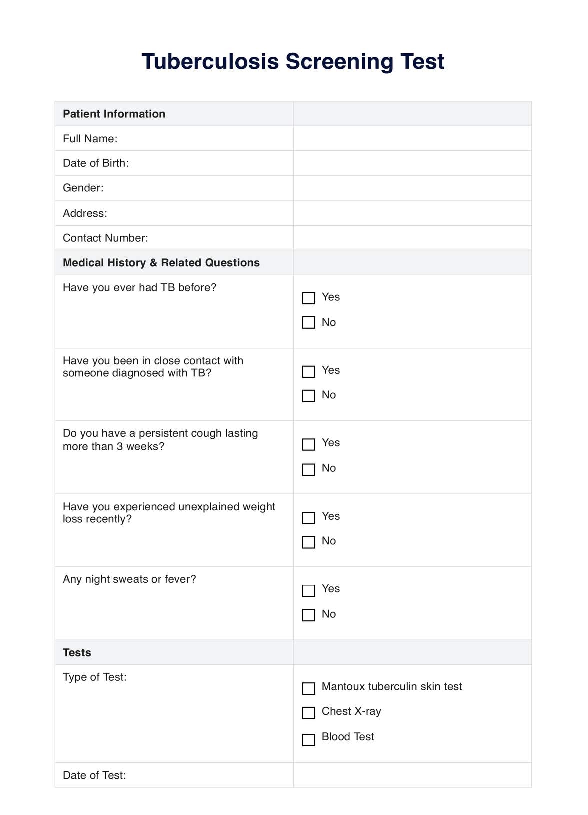 Tuberculosis Screening TB Test U0026 Example Free PDF Download