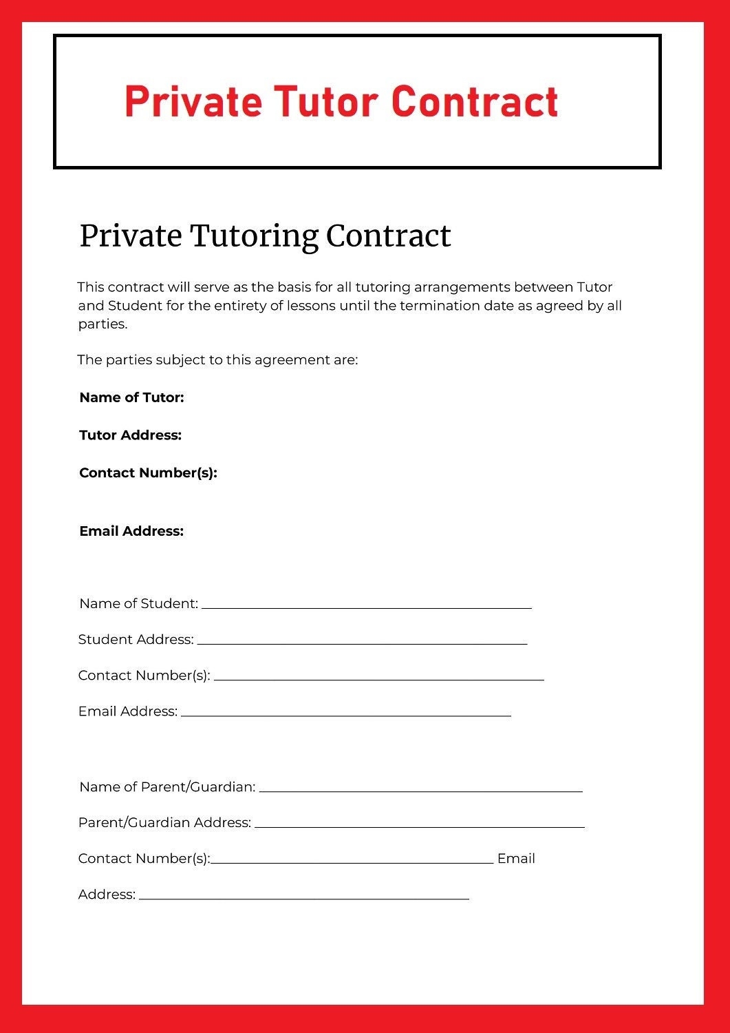 Tutor Contract Tutoring Contract Template Tutoring Contract 