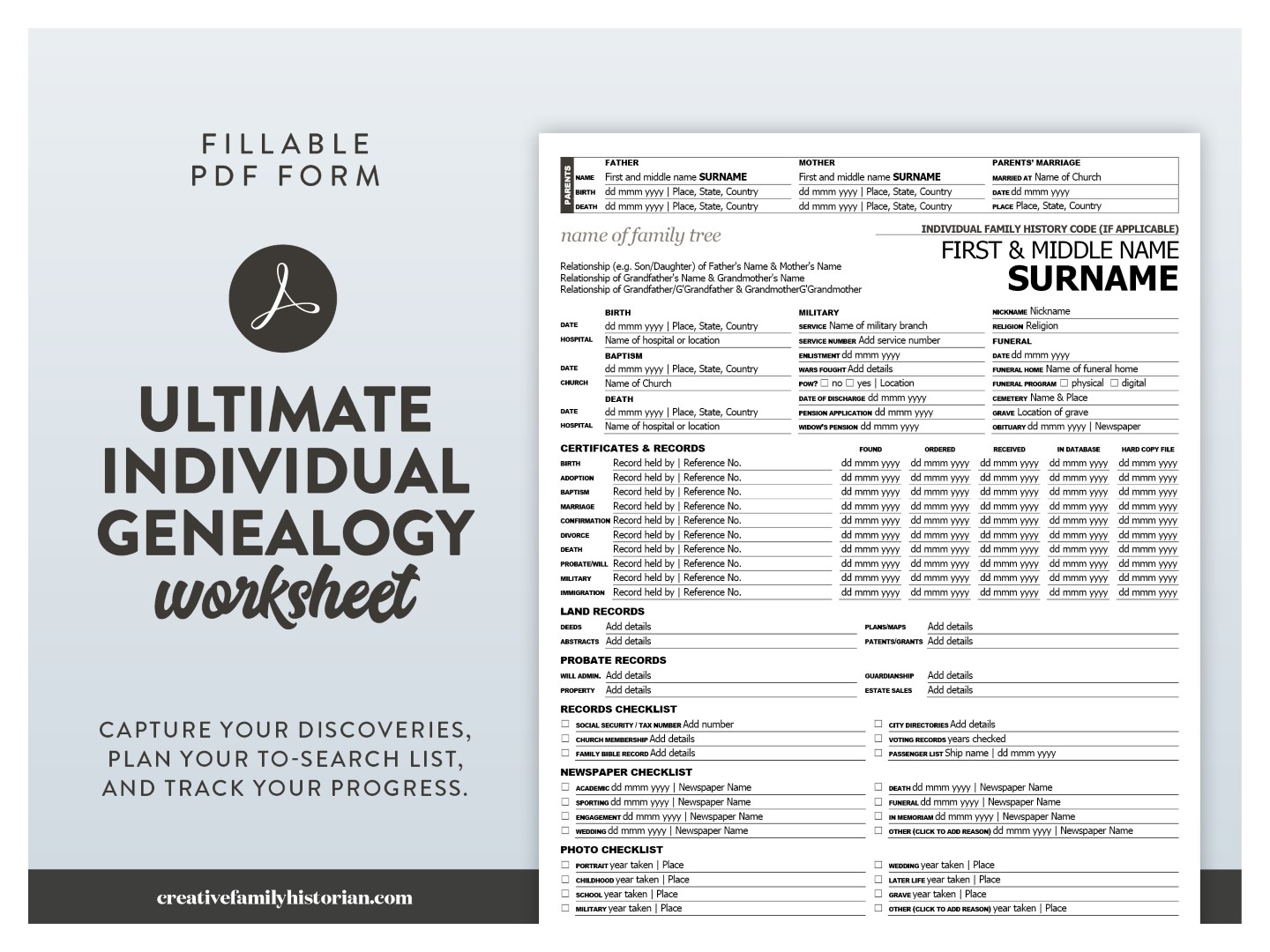 Ultimate Individual Genealogy Worksheet A4 Letter PDF Pack 