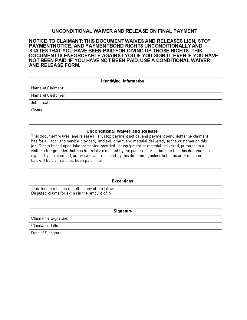 Unconditional Lien Release Form Templates At Allbusinesstemplates