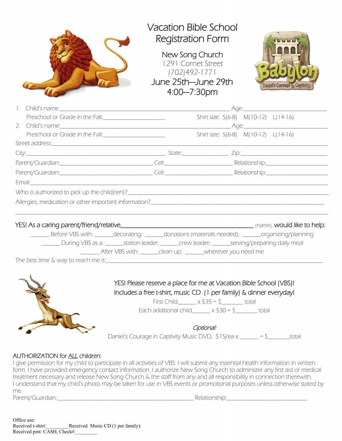 Vacation Bible School Registration Form New Song Church
