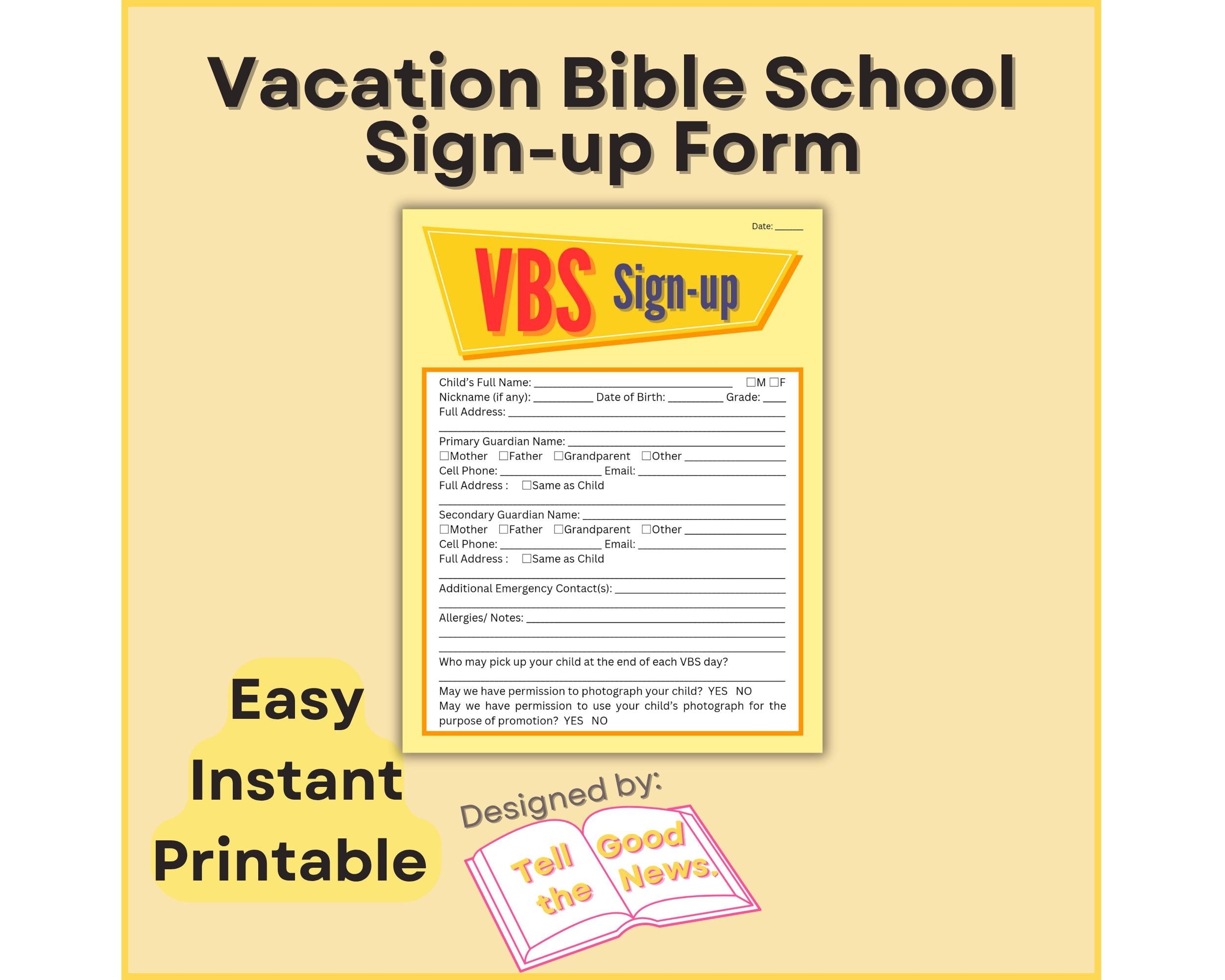 Vacation Bible School Sign up Form VBS Registration Form Sheet Church Kids And Children s Ministry Easy Instant Printable Etsy
