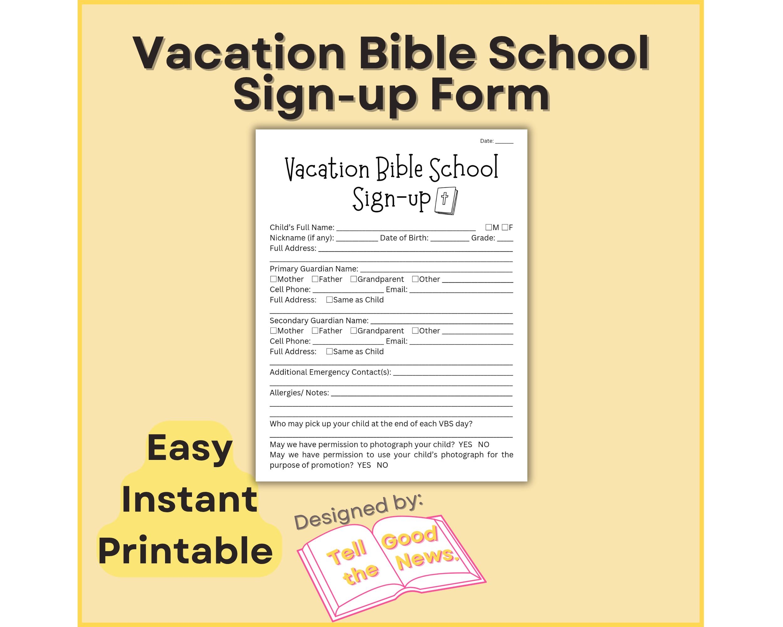 Vacation Bible School Sign up Form VBS Registration Form Sheet Church Kids And Childrens Ministry Easy Instant Printable Etsy