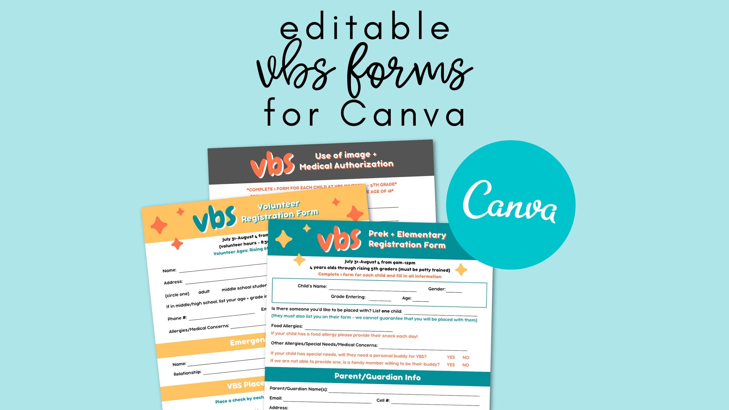 VBS Forms Editable Canva Template Digital Download Volunteer Sign Up Sheet Kids Ministry Vacation Bible School Church Camp Etsy