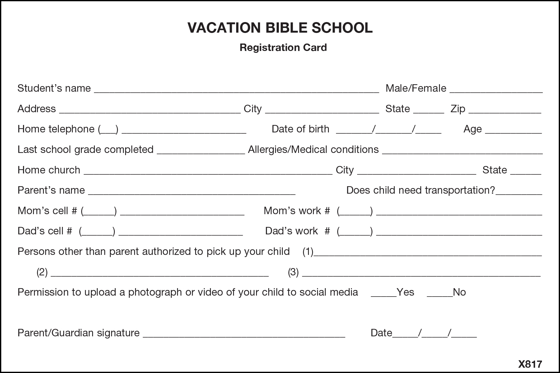 VBS REGISTRATION CARD