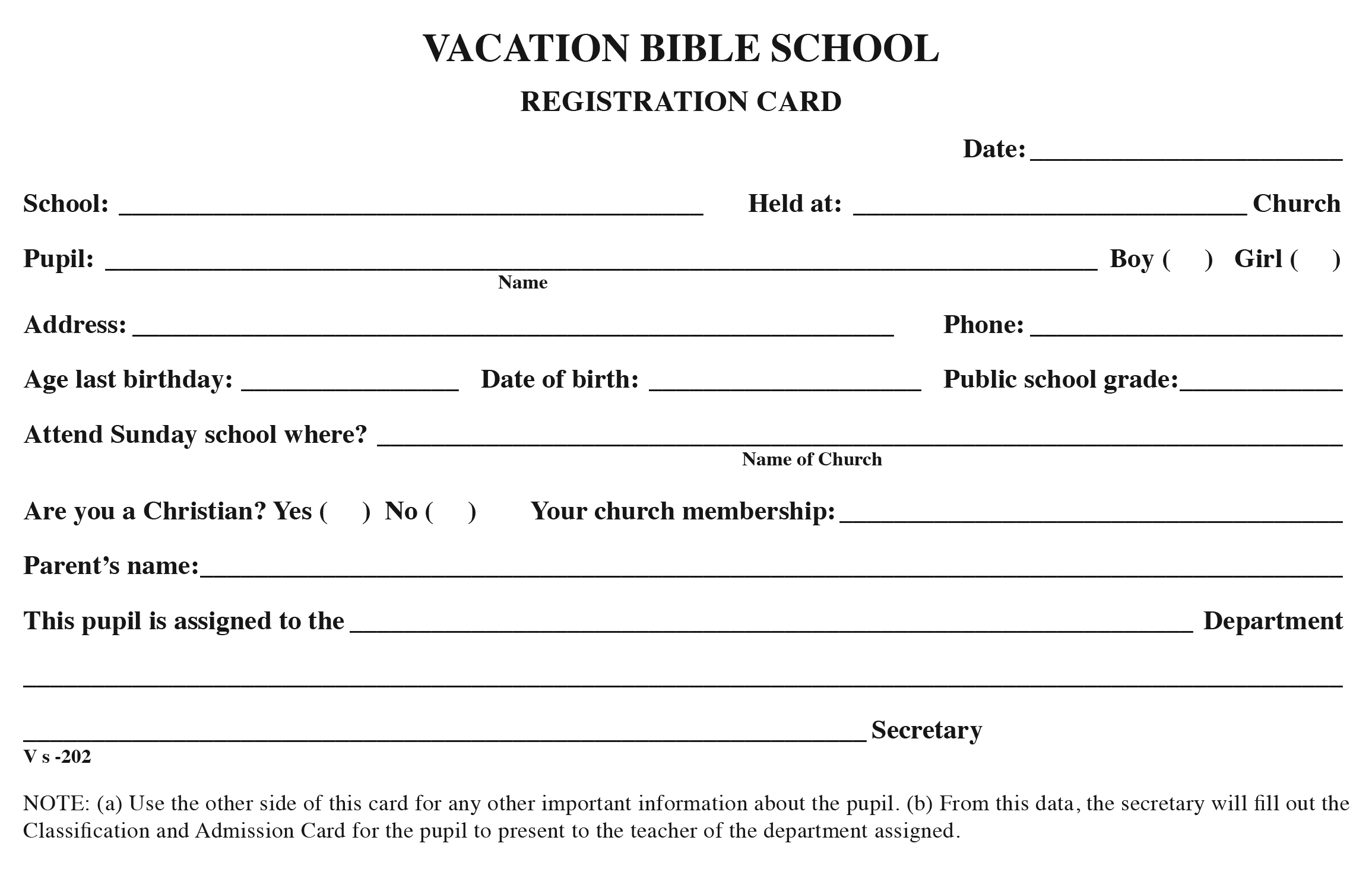 VBS Registration Cards