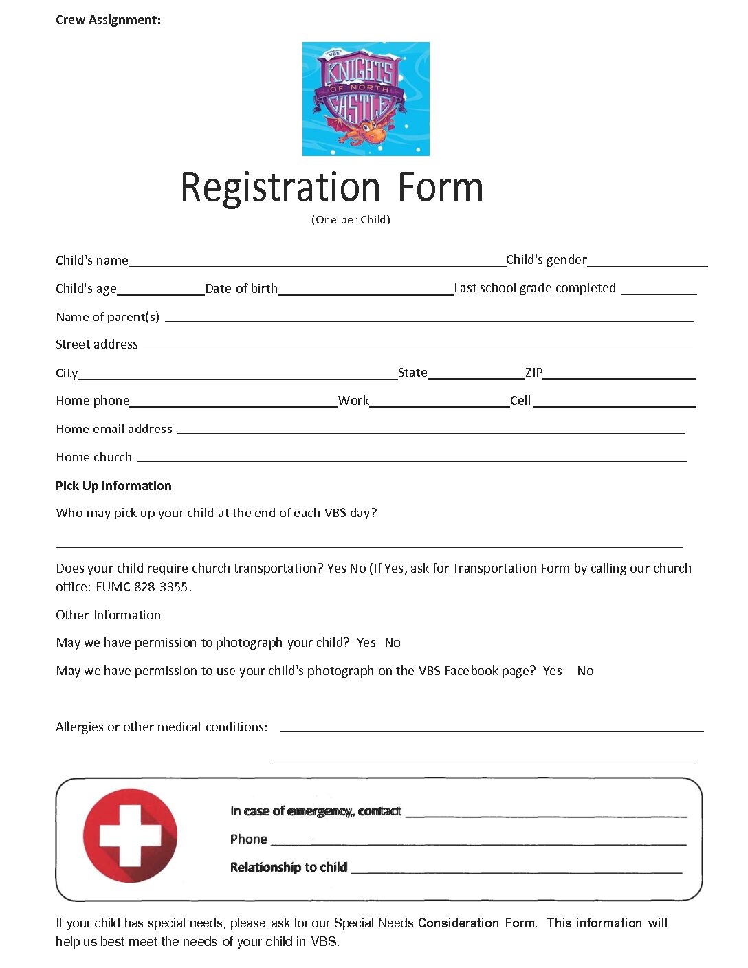 VBS Registration Form 2021 Franklin Methodist Church