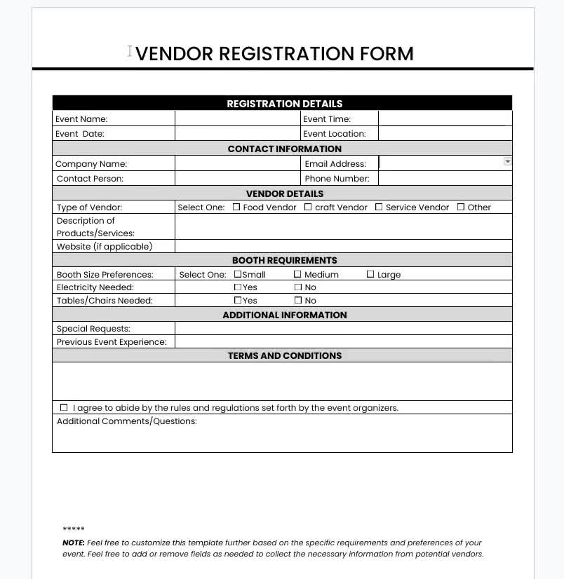Vendor Registration Form Template Vendor Application Form Vendor Onboarding Form Supplier Registration Form Vendor Information Form Template