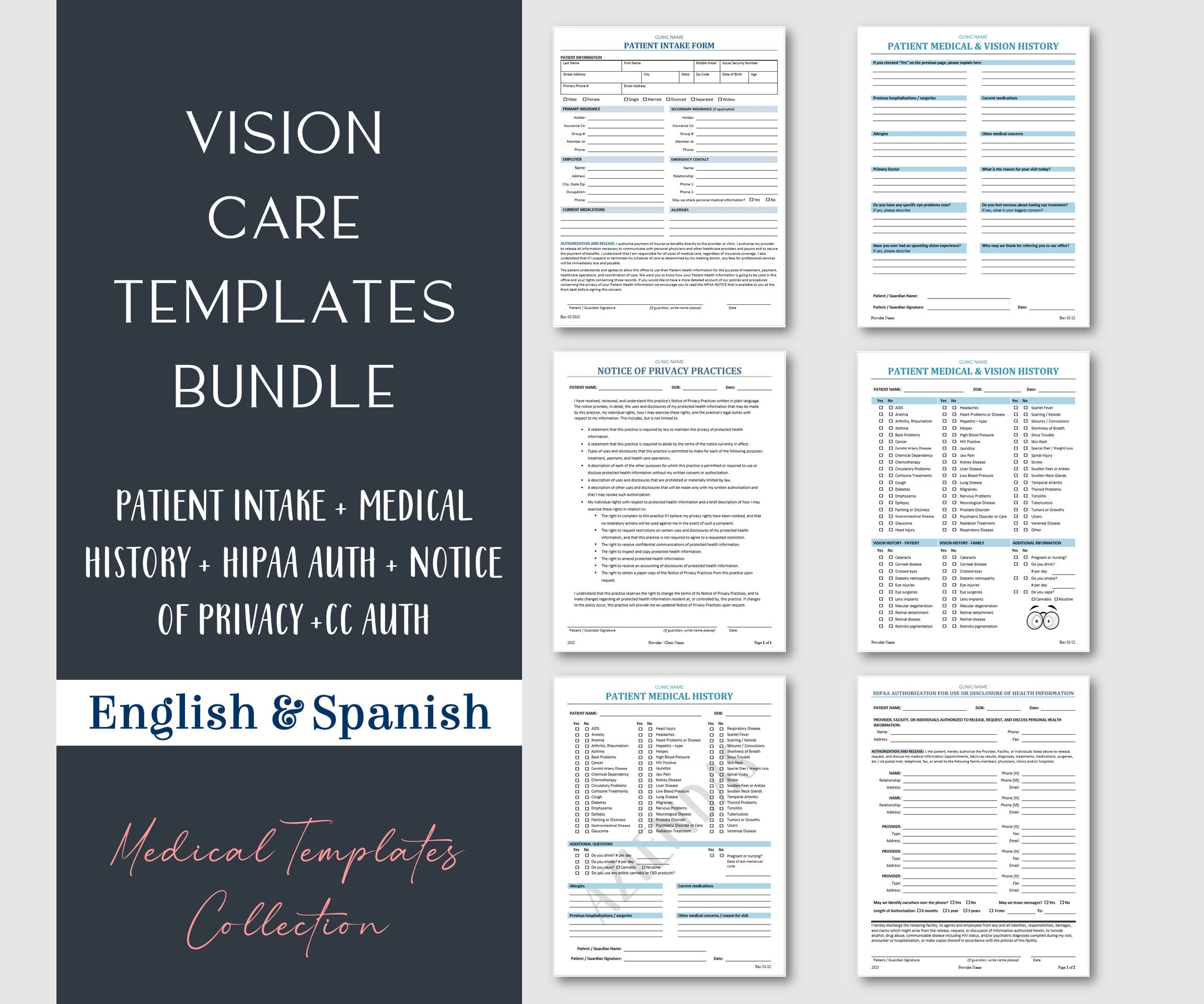 Vision Care Patient Intake Templates Bundle Medical History 