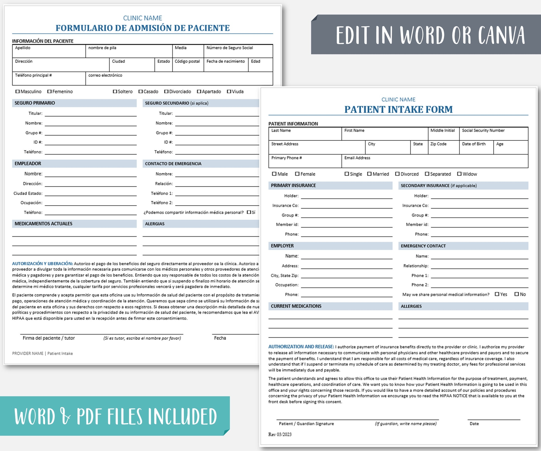 Vision Care Patient Intake Templates Bundle Medical History 