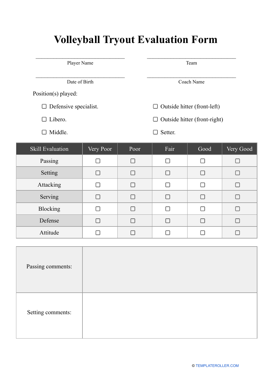 Volleyball Tryout Evaluation Form Fill Out Sign Online And Download PDF Templateroller