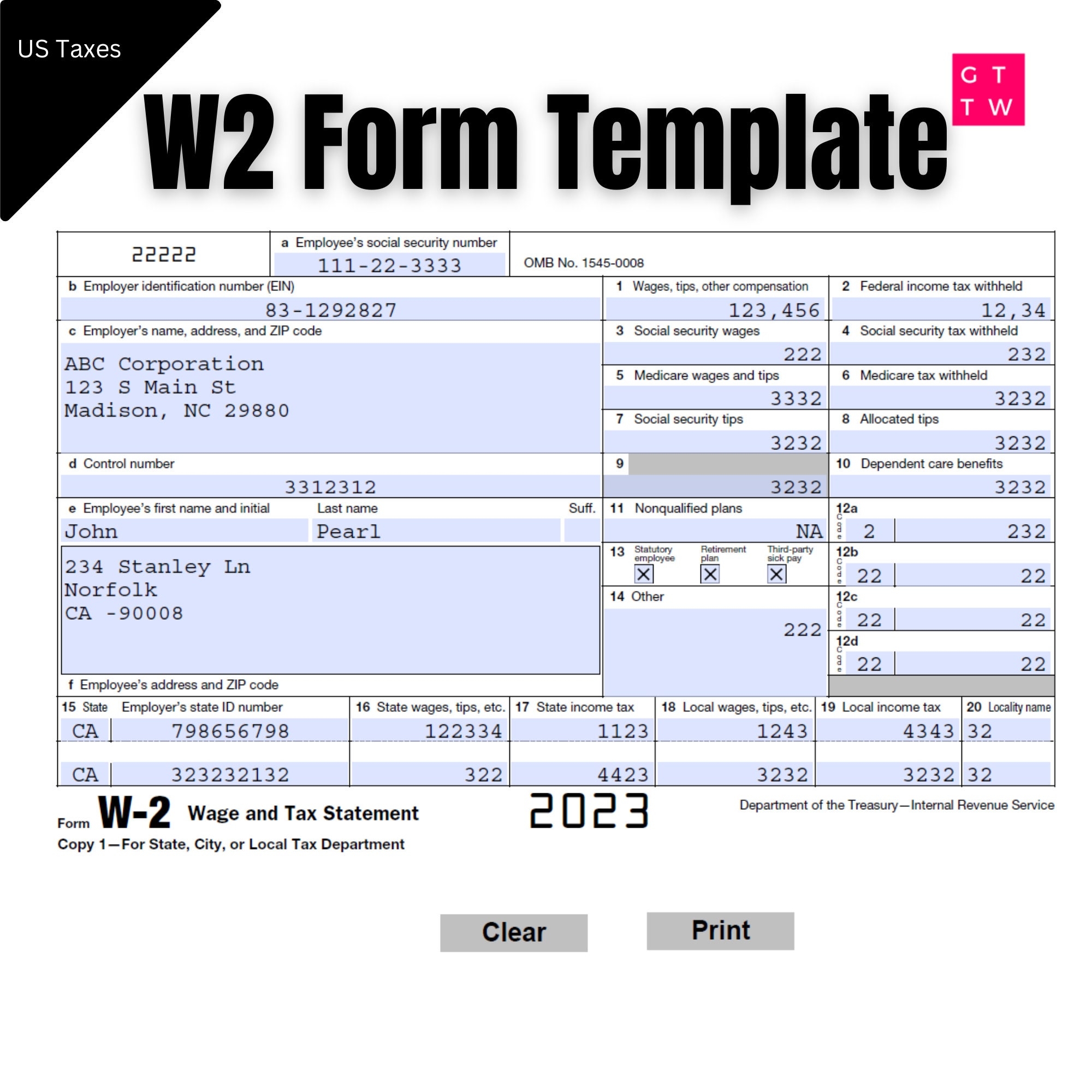W2 Form IRS 2024 2023 Fillable PDF With Print And Clear Buttons W2 Form IRS 2024 2023 Fillable PDF With Print And Clear Buttons