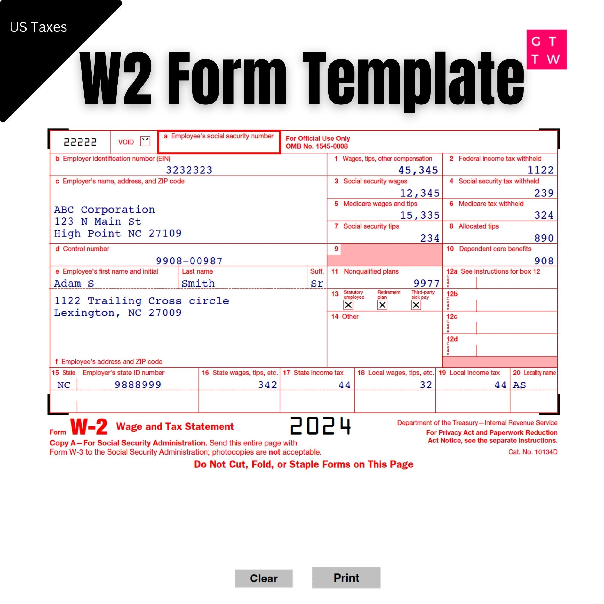 W2 Form IRS 2025 Fillable PDF With Print And Clear Buttons 