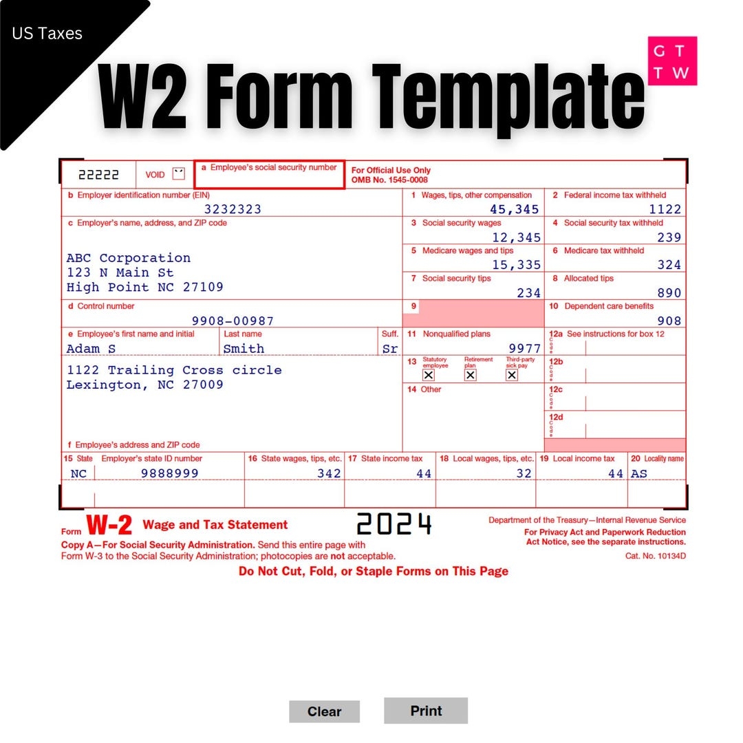 W2 Form IRS 2025 Fillable PDF With Print And Clear Buttons Generate W2 Quickly Digital Download Etsy