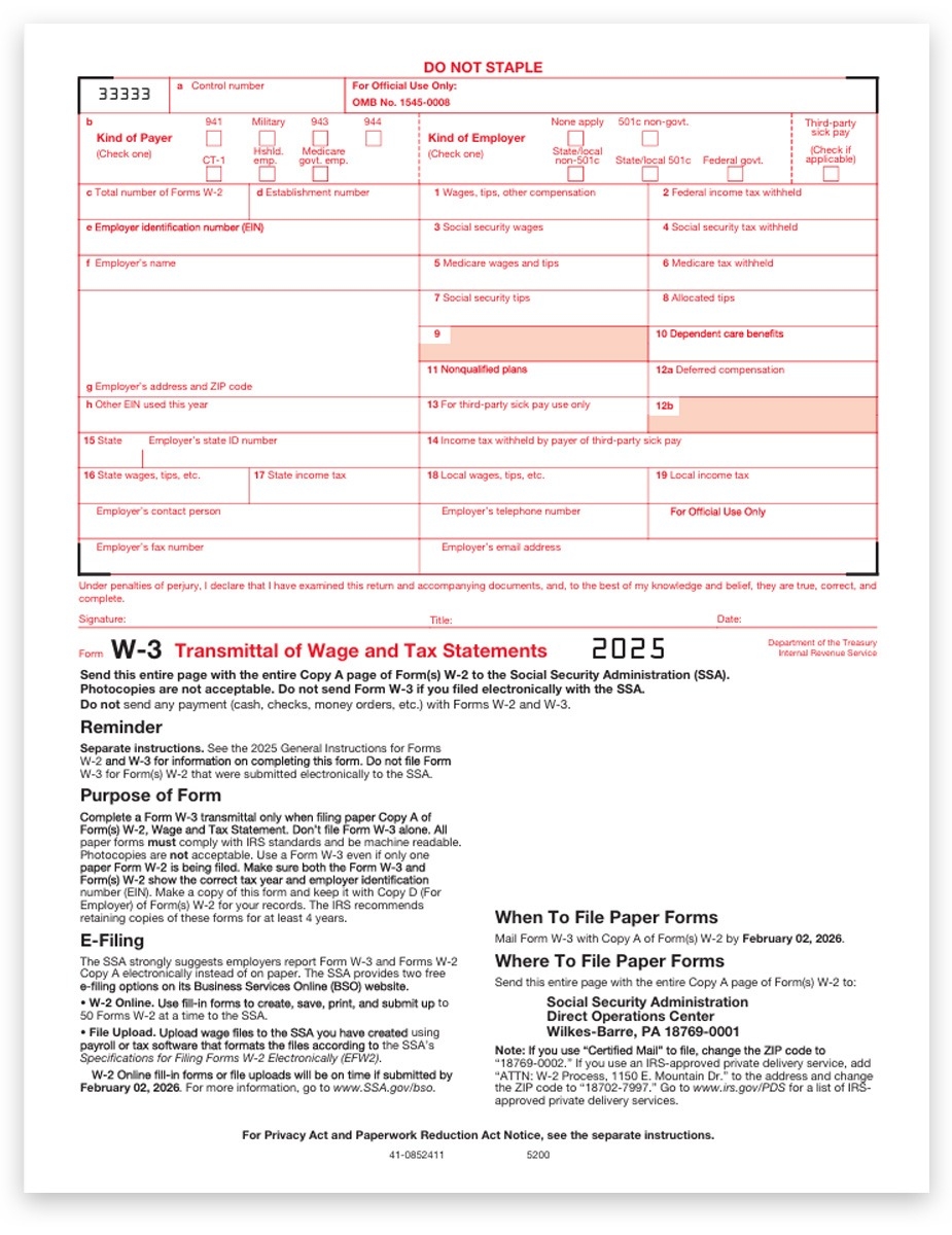 W2 Tax Forms Set Preprinted Forms