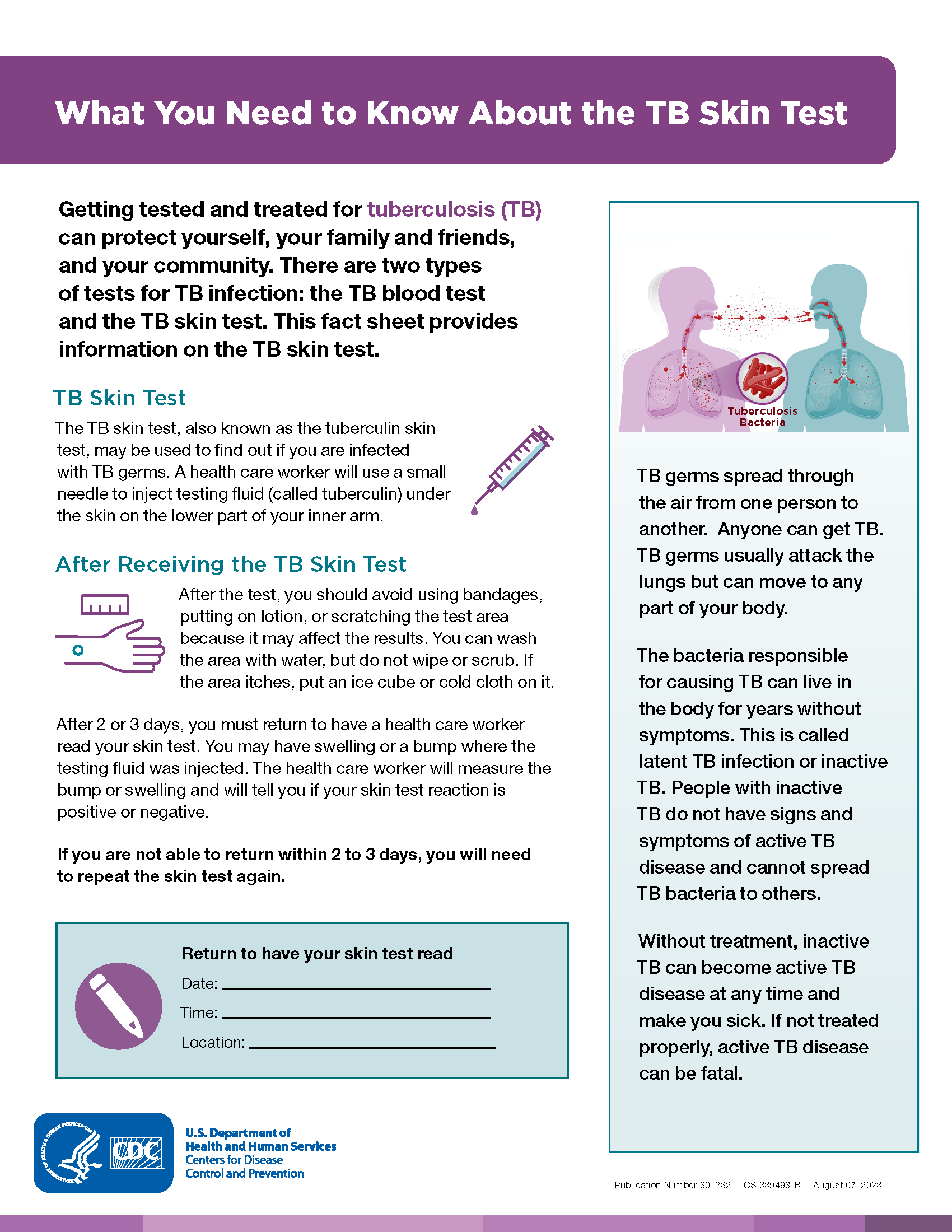 What You Need To Know About The TB Skin Test Fact Sheet Tuberculosis TB CDC