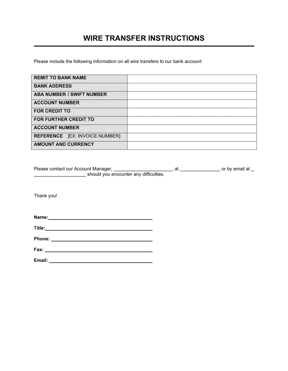 Wire Transfer Instructions Form Template Free Download Word U0026 PDF