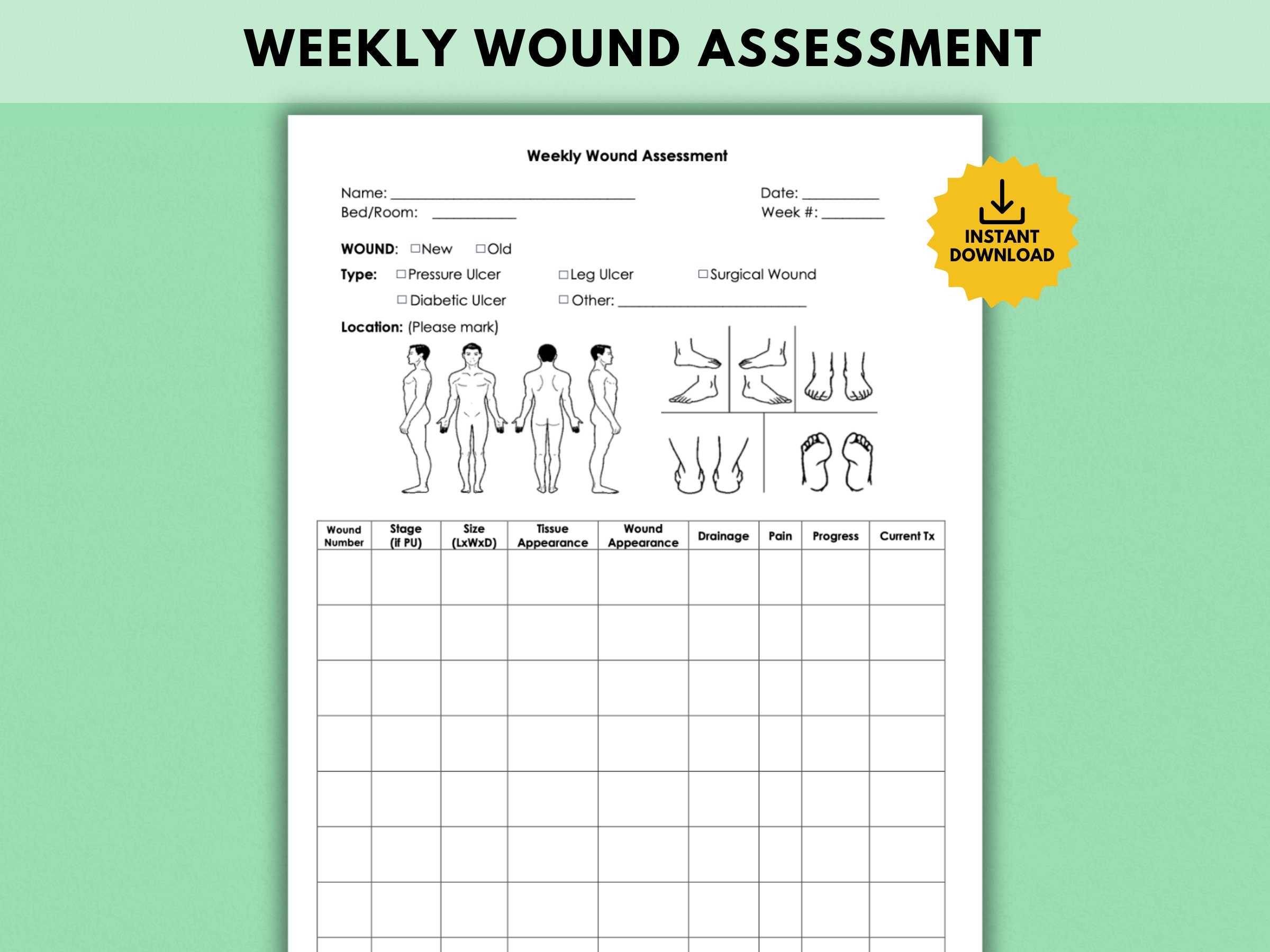 Wound Assessment Sheet Weekly Pressure Ulcer Skin Integrity 