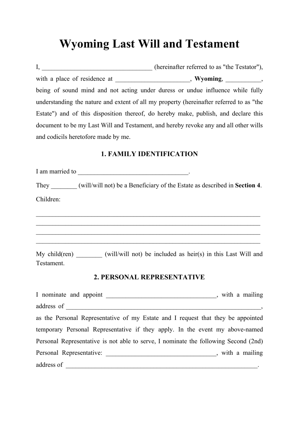 Wyoming Last Will And Testament Template Download Printable PDF Templateroller