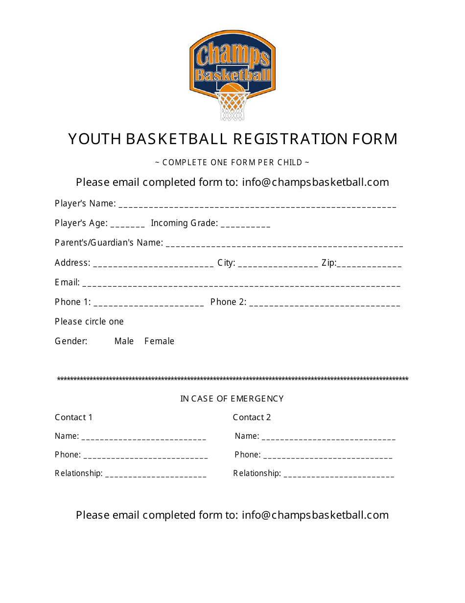 Youth Basketball Registration Form Champs Basketball Fill Out 