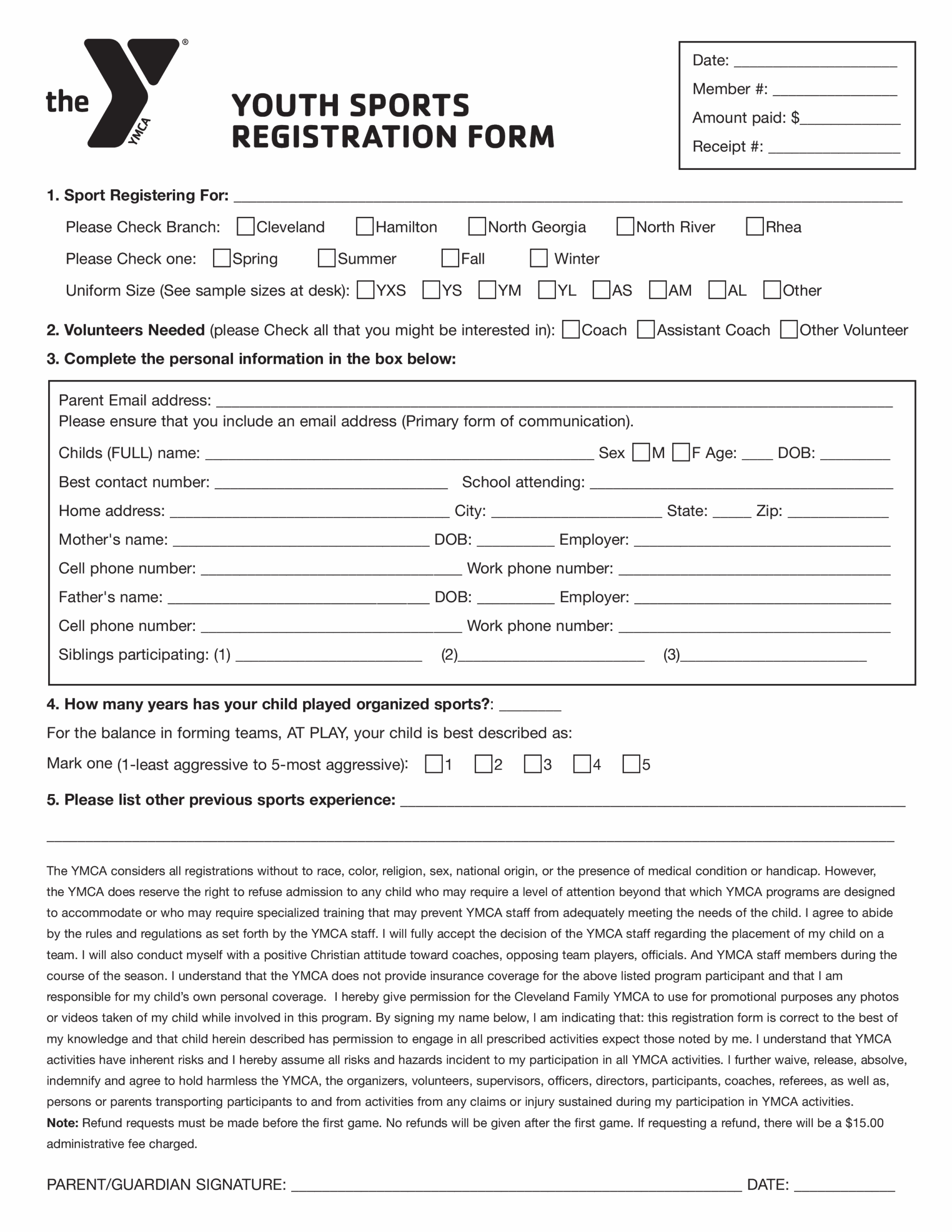 Youth Sports Registration Form Templates At Allbusinesstemplates