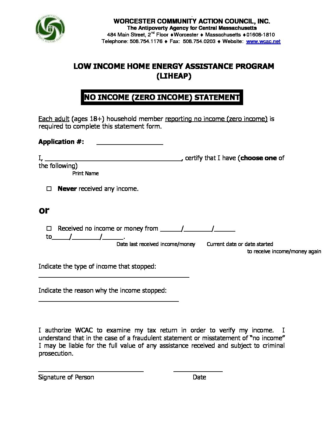 ZERO INCOME FORM 2019 2020 Worcester Community Action Council