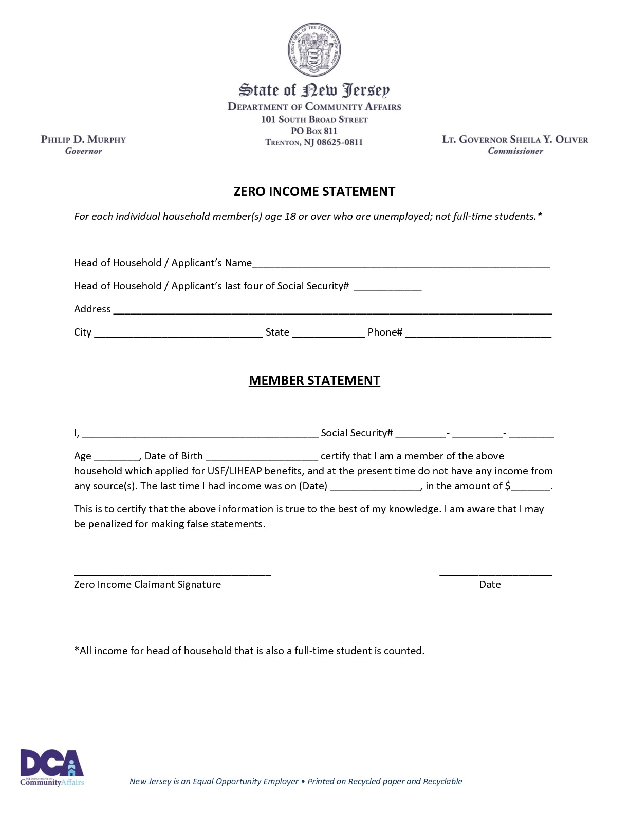 Zero Income Form Form